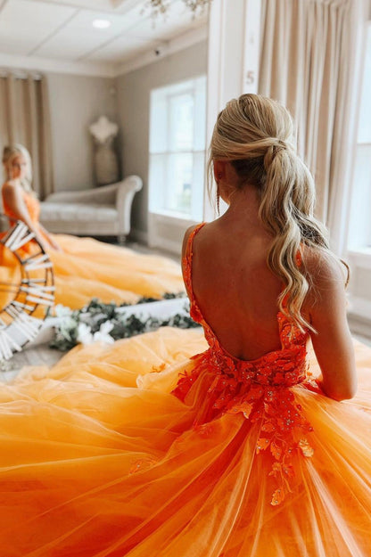 Orange Tulle Lace Long Prom Dresses,A Line Formal Dress – jkprom
