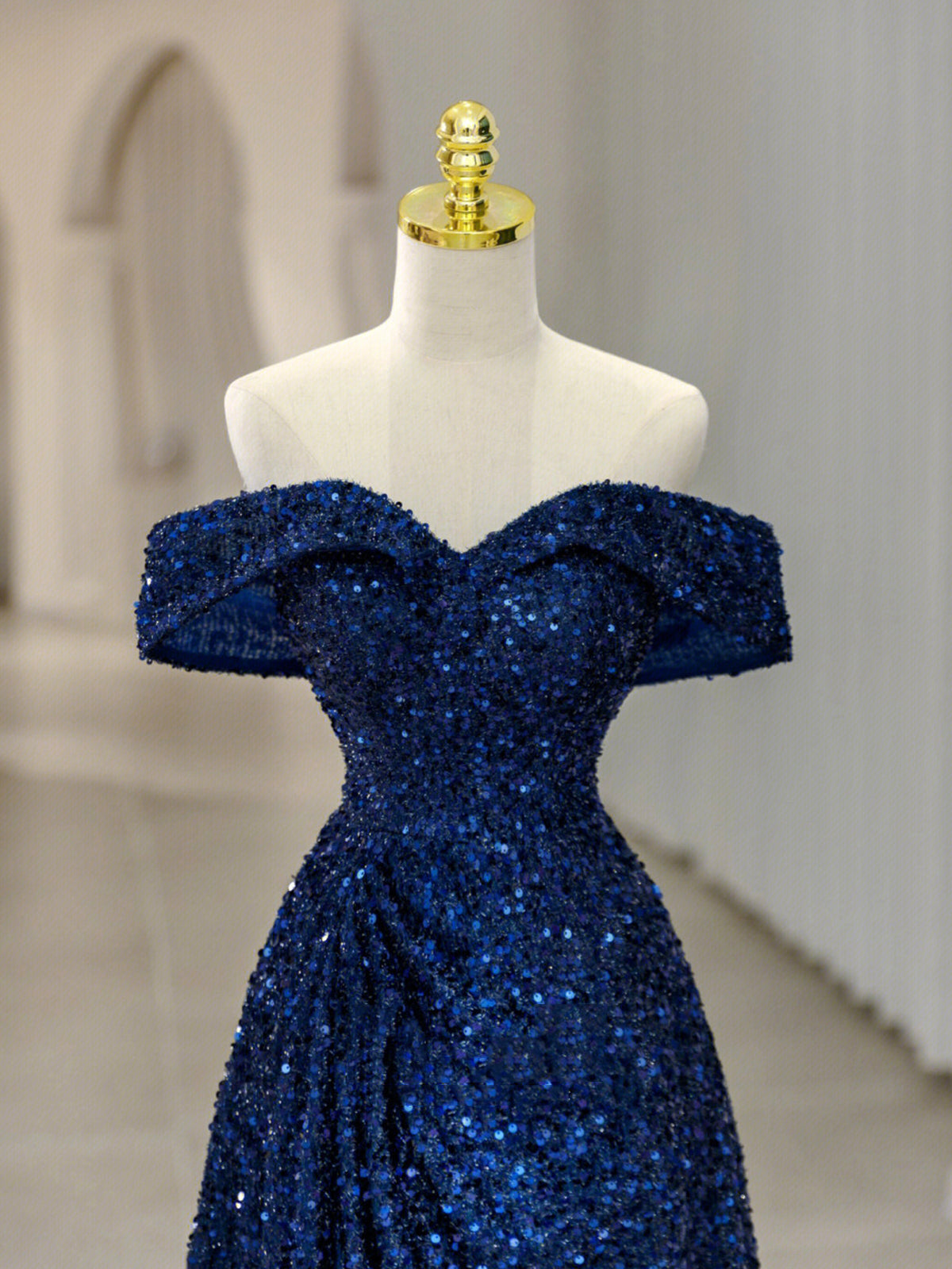 Royal Blue Sequins Long Prom Dress,Off the Shoulder Formal Evening Dresses