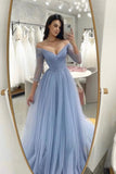 Light Blue Tulle Long Prom Dress,A-Line V Neck Night Dresses Party