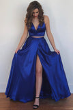 Two Piece Split-Front Floor Length Royal Blue Long Prom Dress,Red Evening Gowns