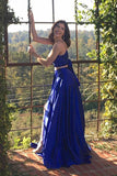 Two Piece Split-Front Floor Length Royal Blue Long Prom Dress,Red Evening Gowns