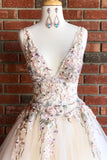 Beautiful V Neck Long Prom Dress with Floral Embroidery