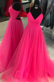 V Neck A-line Hot Pink Long Tulle Prom Graduation Dress with Lace-up Back