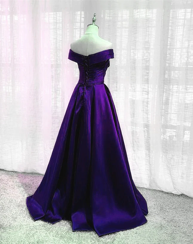 Purple Satin Off Shoulder Long Prom Dress,A-line Simple Women Formal Dresses