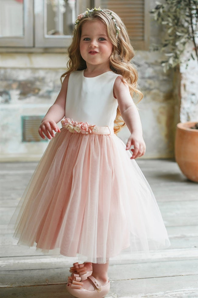 Cute Chic White and Pink Flower Girl Dress with Floral Belt – jkprom