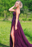 Sweetheart A-line Plum Beaded Tulle Long Prom Dress with Slit