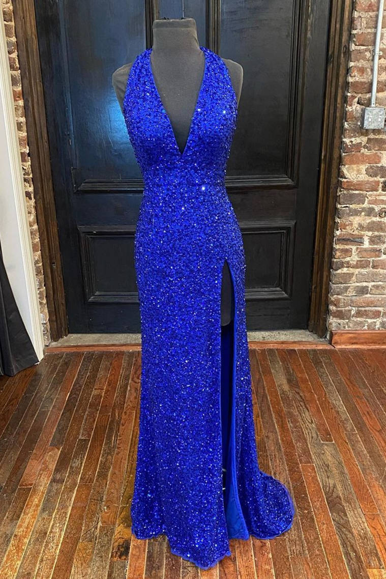 Backless Royal Blue Sequin Prom Gown with Slit,Formal Dress with Sequins