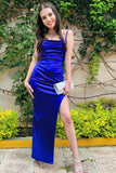 Royal Blue Satin Cowl Neck Long Formal Dress with Slit