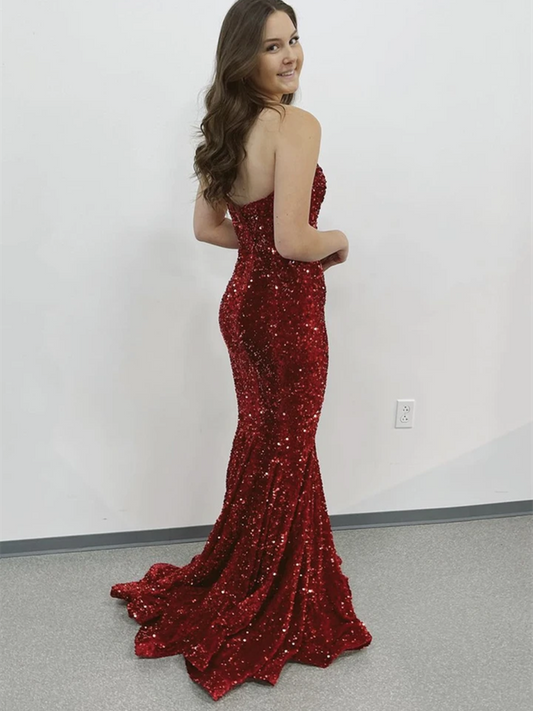 Mermaid Sequins Long Burgundy Prom Dresses, Mermaid Sequins Long Burgundy Formal Evening Dresses