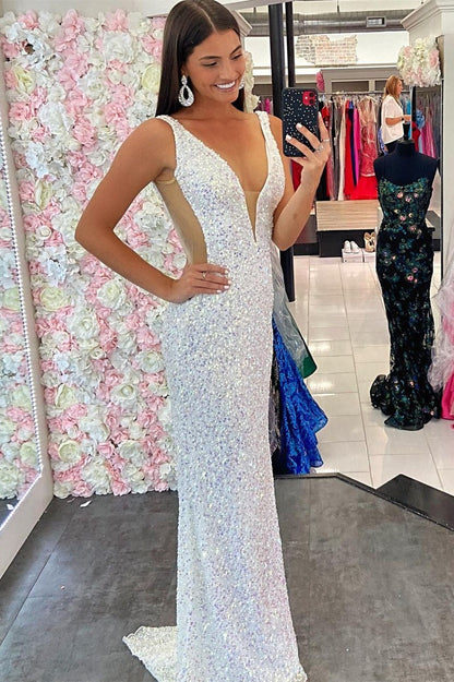 White Sequin V-Neck Mermaid Long Formal Dress,Sparkly Prom Dresses jkprom White Sequin V-Neck Mermaid Long Formal Dress,Sparkly Prom Dresses jkprom