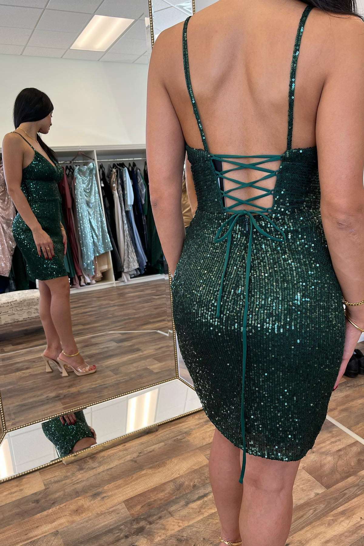 Dark Green Sequin Plunge V Lace-Up Back Short Formal Dress