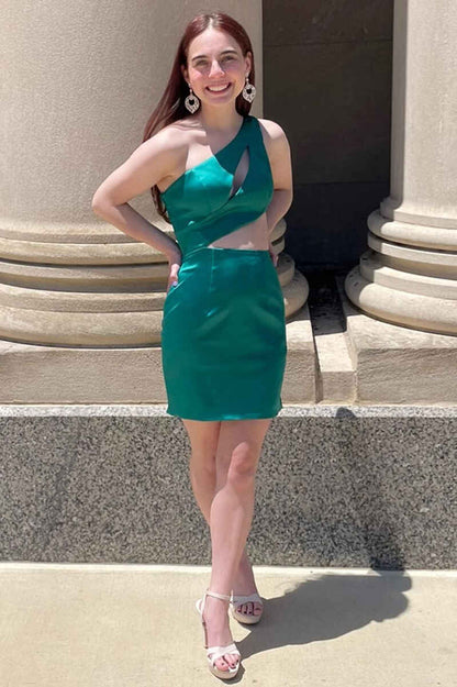 Green One Shoulder Cutout Short Maxi Cocktail Dress