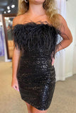Sequin Strapless Feather Bodycon Homecoming Dresses Midi Cocktail Dress