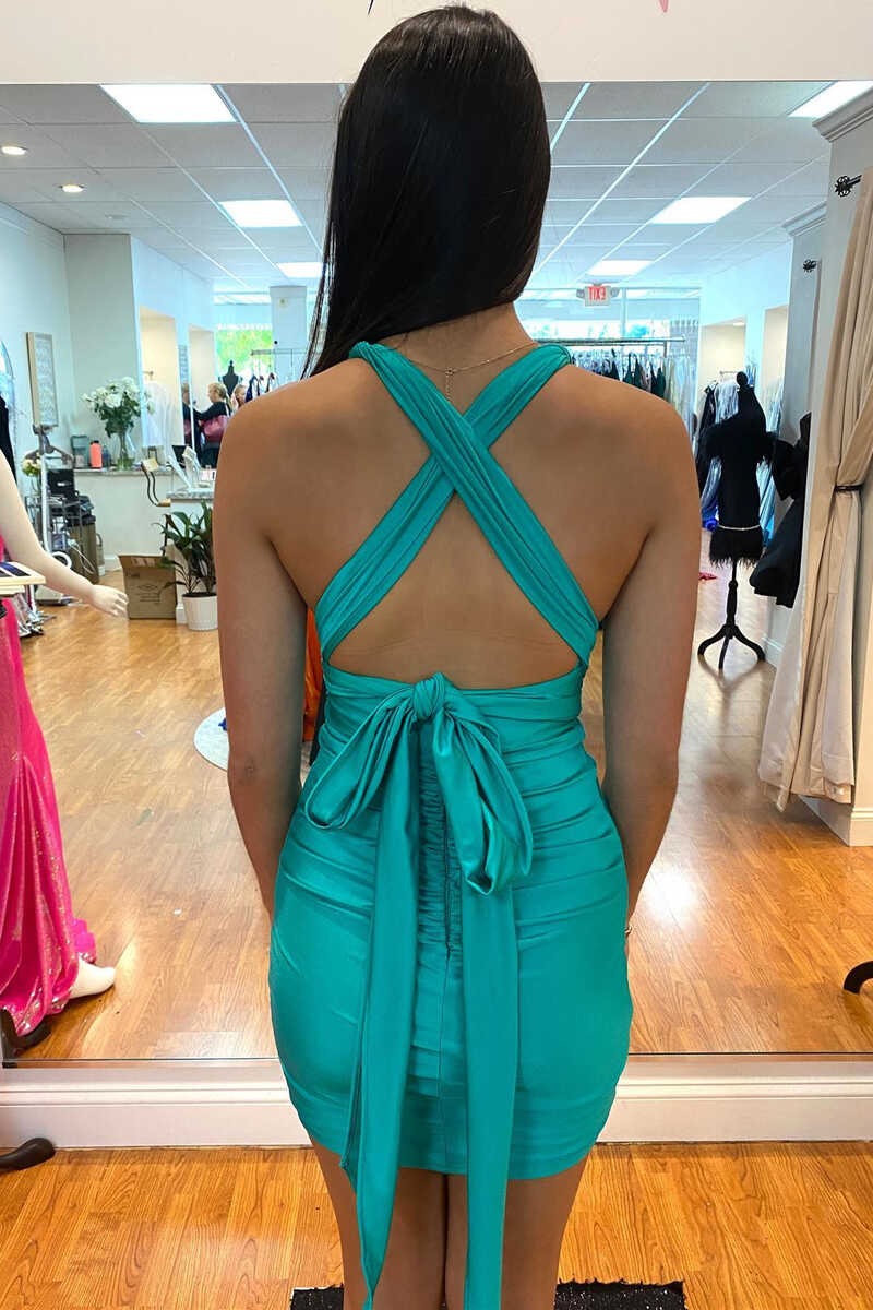 Fitted Turquoise Plunge V Neck Mini Homecoming Dress Party Maxi Dresses