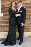 Black Sequin One-Sleeve Long Prom Dress with Keyhole,Sparkly Graduation Dresses