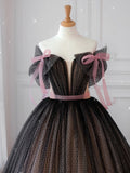 Black off shoulder tulle long prom dress, black tulle formal dress
