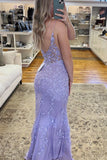 Lavender Appliques Plunge V Backless Mermaid Prom Gown Formal Dresses Long
