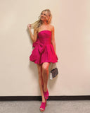 Black Strapless A-line Satin Homecoming Dress with Bow