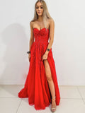 Red sweetheart neck A line tulle lace long prom dress, red evening dress