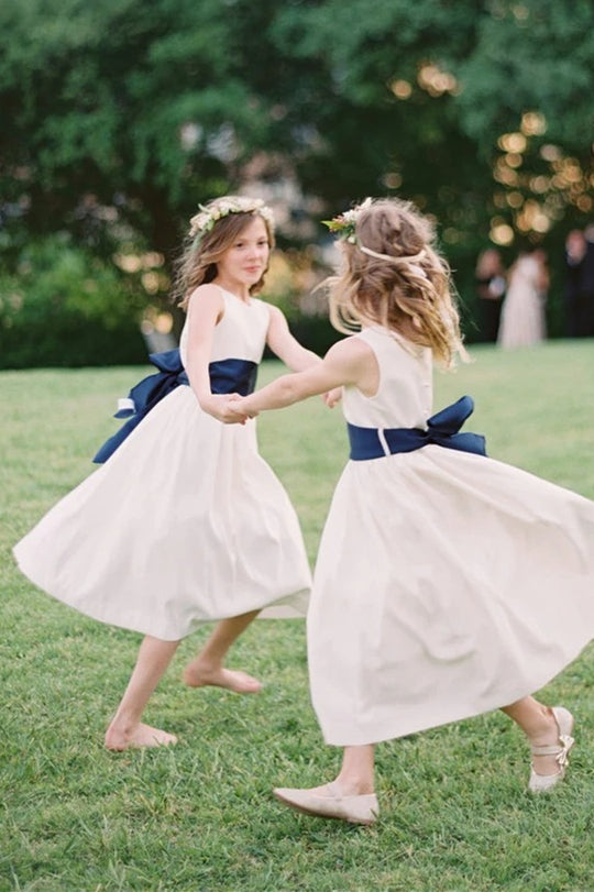 A-line White Flower Girl Dress with Navy Blue Ribbon jkprom A-line White Flower Girl Dress with Navy Blue Ribbon jkprom