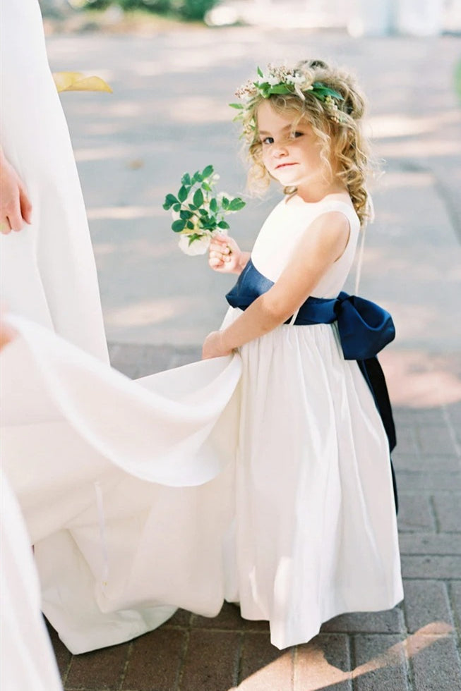 A-line White Flower Girl Dress with Navy Blue Ribbon jkprom A-line White Flower Girl Dress with Navy Blue Ribbon jkprom