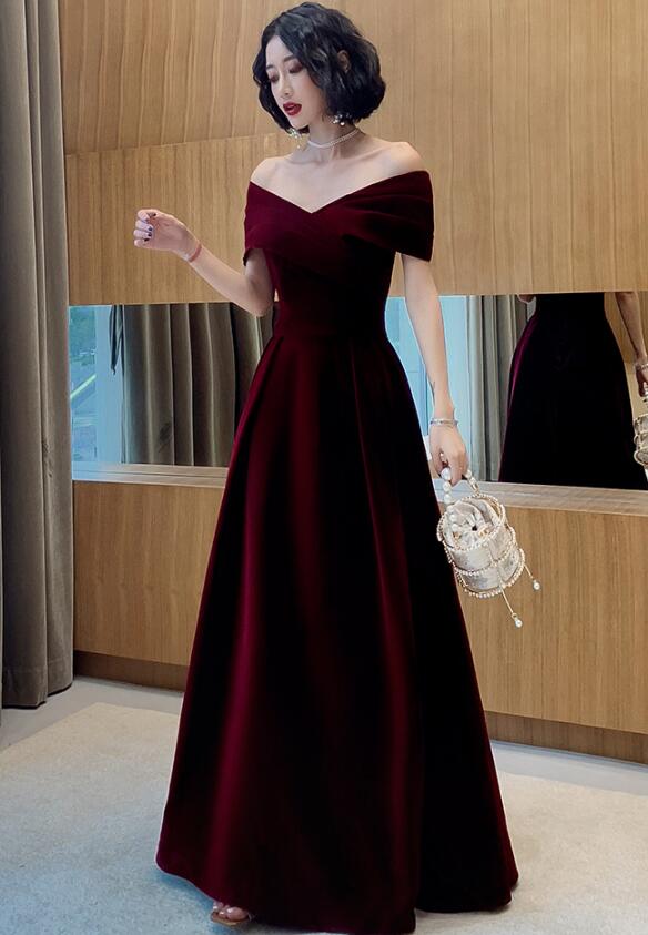 Dark Red Velvet Off Shoulder Bridesmaid Dress, A-line Prom Dresses jkprom Dark Red Velvet Off Shoulder Bridesmaid Dress, A-line Prom Dresses jkprom