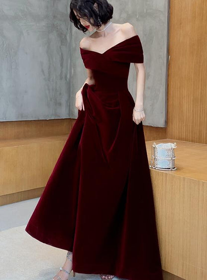 Dark Red Velvet Off Shoulder Bridesmaid Dress, A-line Prom Dresses jkprom Dark Red Velvet Off Shoulder Bridesmaid Dress, A-line Prom Dresses jkprom