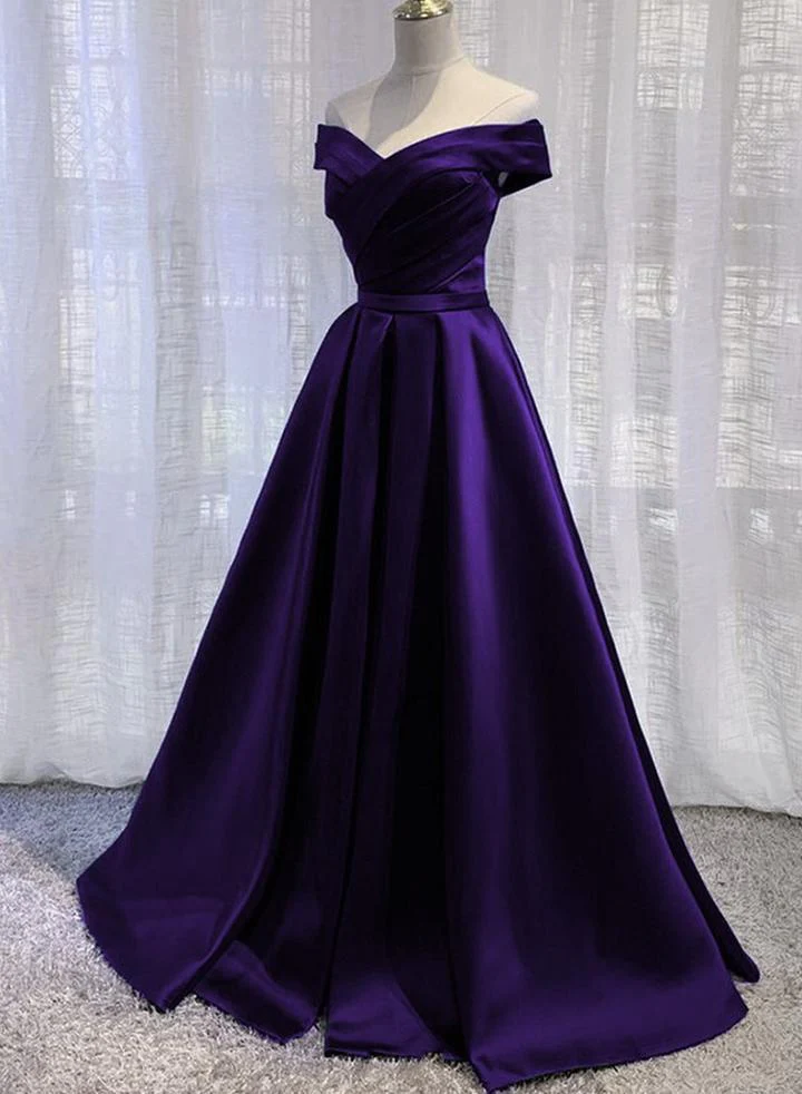 Purple Satin Off Shoulder Long Evening Dress Prom Dress, Purple A-line Party Dresses