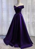 Purple Satin Off Shoulder Long Prom Dress,A-line Simple Women Formal Dresses