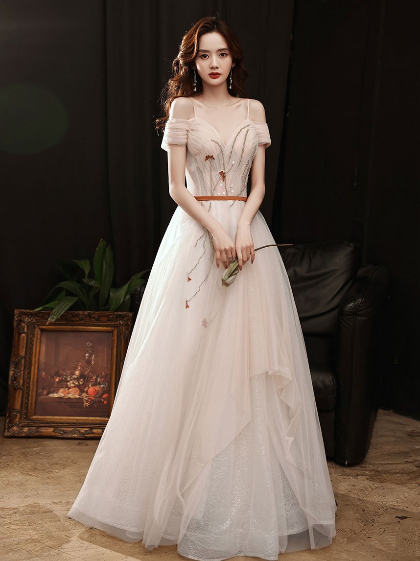 Champagne sweetheart tulle long prom dress, champagne evening dress