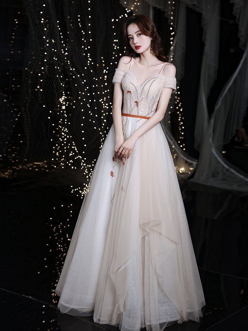 Champagne sweetheart tulle long prom dress, champagne evening dress