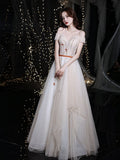 Champagne sweetheart tulle long prom dress, champagne evening dress