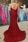 One-Shoulder Red Sequin Backless Mermaid Long Prom Dresses Plus Size