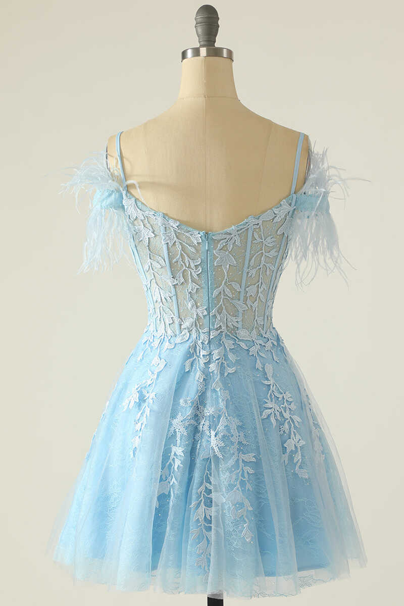 Modest Light Blue Appliques A-Line Short Homecoming Dresses