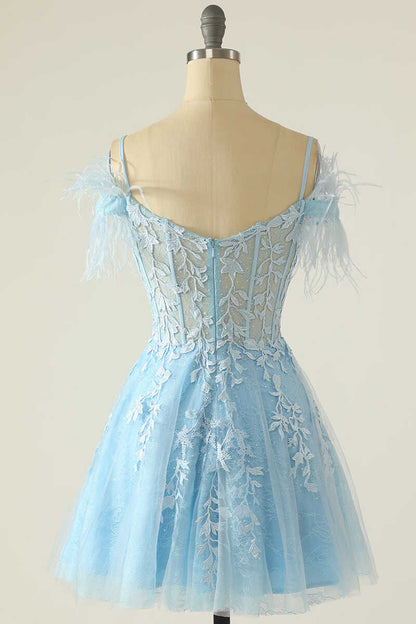 Modest Light Blue Appliques A-Line Short Homecoming Dresses