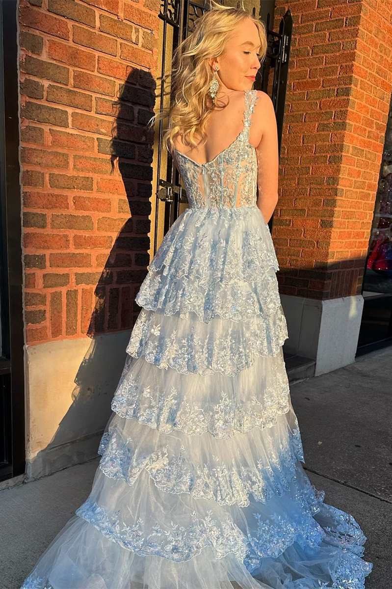 Light Blue Lace Sweetheart Tiered Long Prom Dress with Slit jkprom Light Blue Lace Sweetheart Tiered Long Prom Dress with Slit jkprom