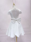 White v neck satin lace short prom dress, white homecoming dress