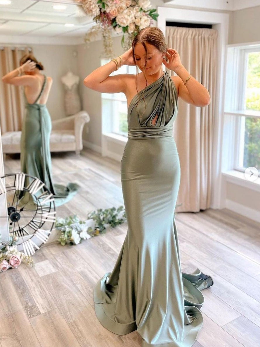 Gray green satin mermaid long prom dress, gray green evening dress