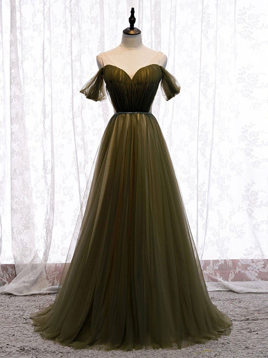 Simple sweetheart tulle green long prom dress, green evening dress