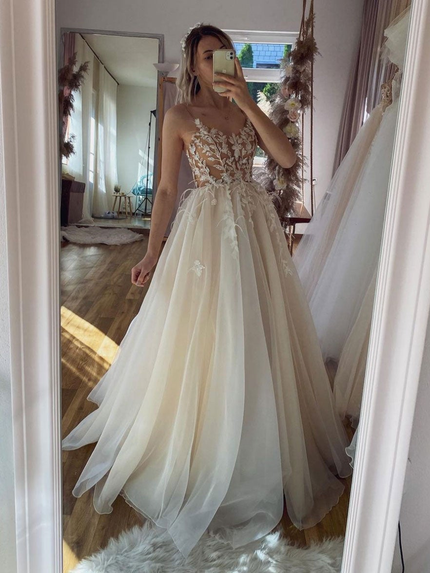 Champagne tulle lace long prom dress, champagne evening dress