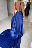 Classic Royal Blue Deep V Neck Slit Prom Dresses Mermaid Long Evening Gowns