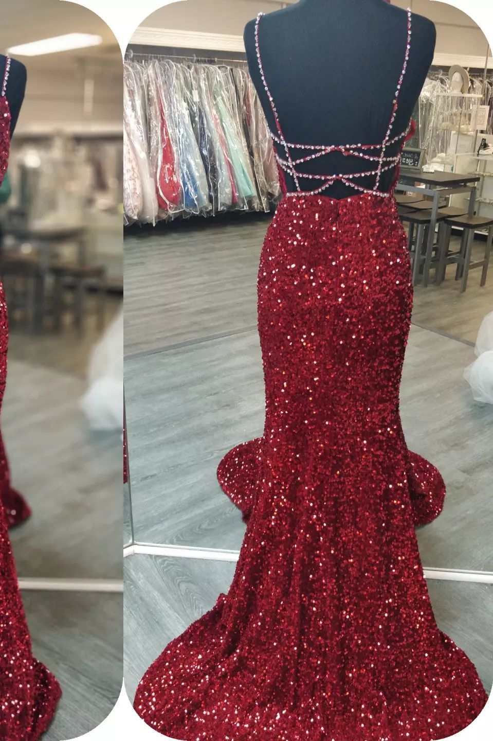 Glittery Mermaid Red Sequin V-Neck Lace-Up Back Prom Dress Gala Gown