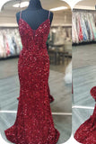 Glittery Mermaid Red Sequin V-Neck Lace-Up Back Prom Dress Gala Gown
