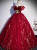 Burgundy tulle sequin long prom dress, burgundy tulle formal dress