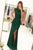 Luxurious Cap Sleeves Dark Green Split-Front Open Back Long Sequin Sexy Mermaid Prom Dress