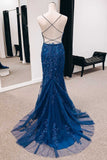 Navy Appliques Lace-Up Back Mermaid Long Formal Dress with Slit,Unique Prom Dresses