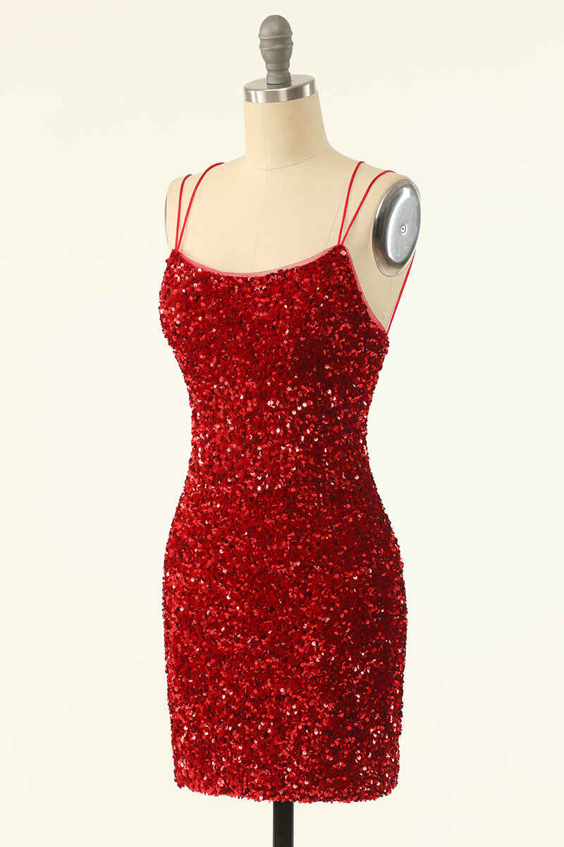 Red Sequin Lace-Up Bodycon Short Homecoming Dresses