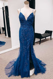 Navy Appliques Lace-Up Back Mermaid Long Formal Dress with Slit,Unique Prom Dresses