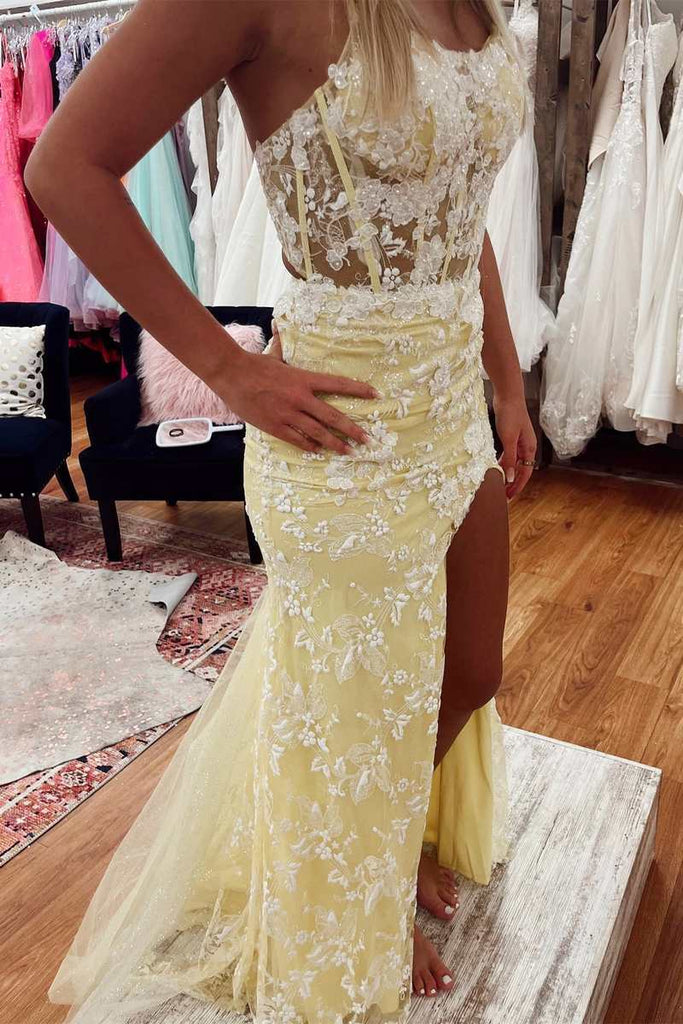 Sexy Yellow Mermaid Side Slit Prom Dress Evening Dress Formal Gowns Y7318
