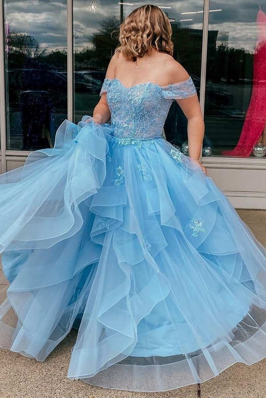 Light Blue Tulle Off-the-Shoulder Tiered A-Line Prom Dress,Graduation Dresses with Ruffles
